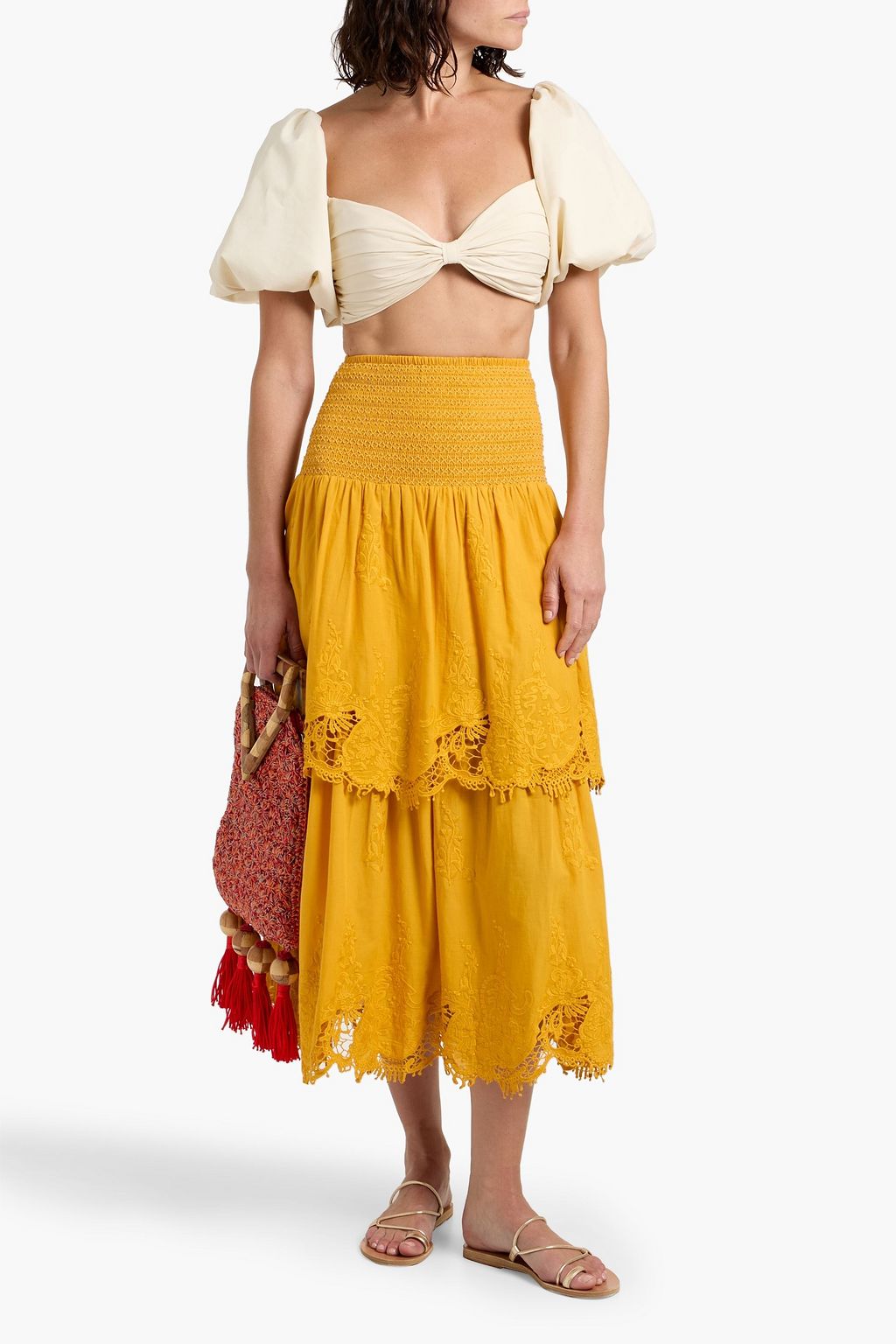 FARM RIO Tiered embroidered cotton midi skirt