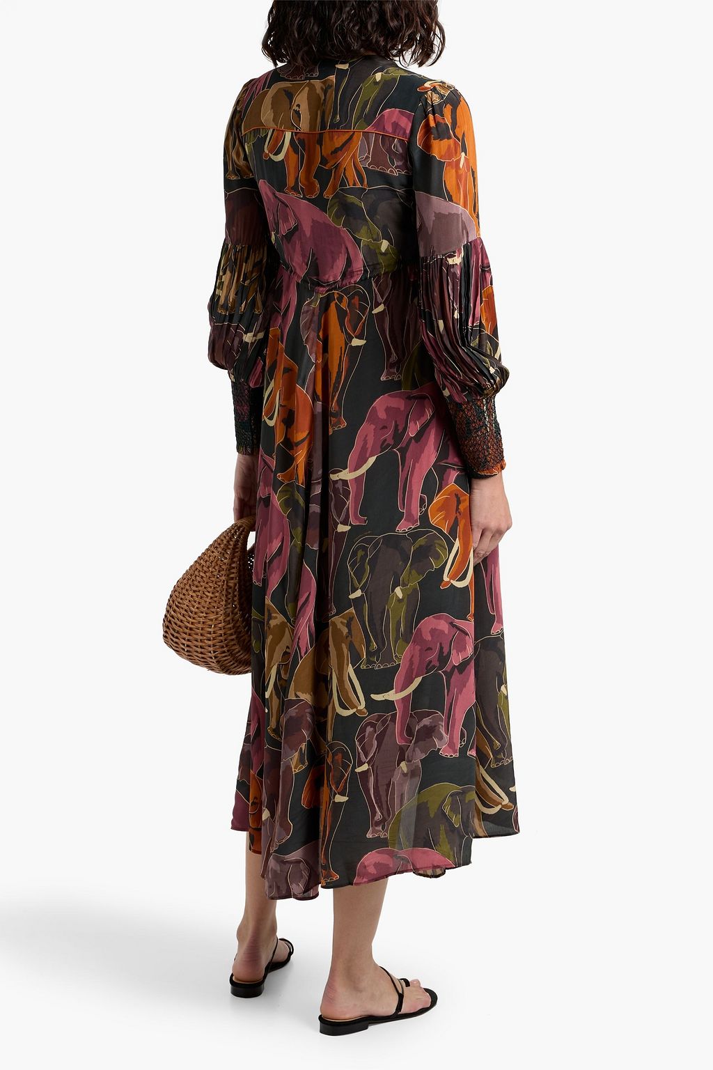 FARM RIO Gathered floral-print crepe de chine midi dress