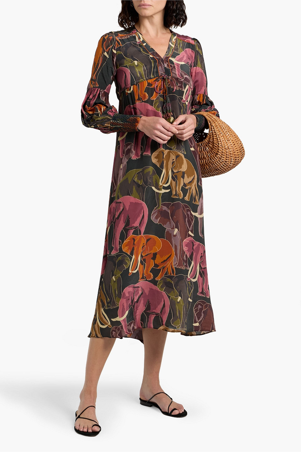 Farm Rio Gathered Floral-print Crepe De Chine Midi Dress In Green