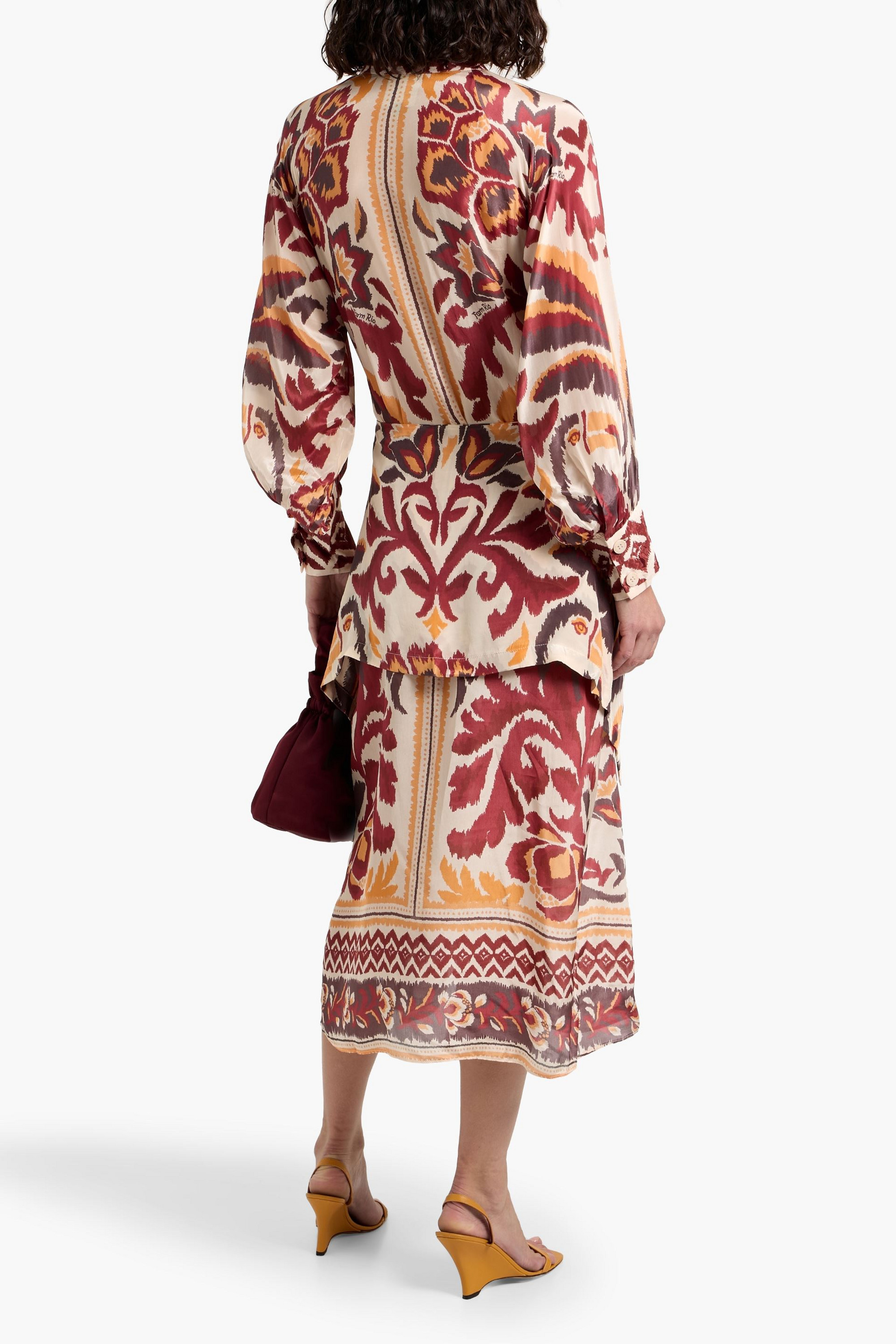 FARM Rio Tie-front printed crepe de chine midi dress