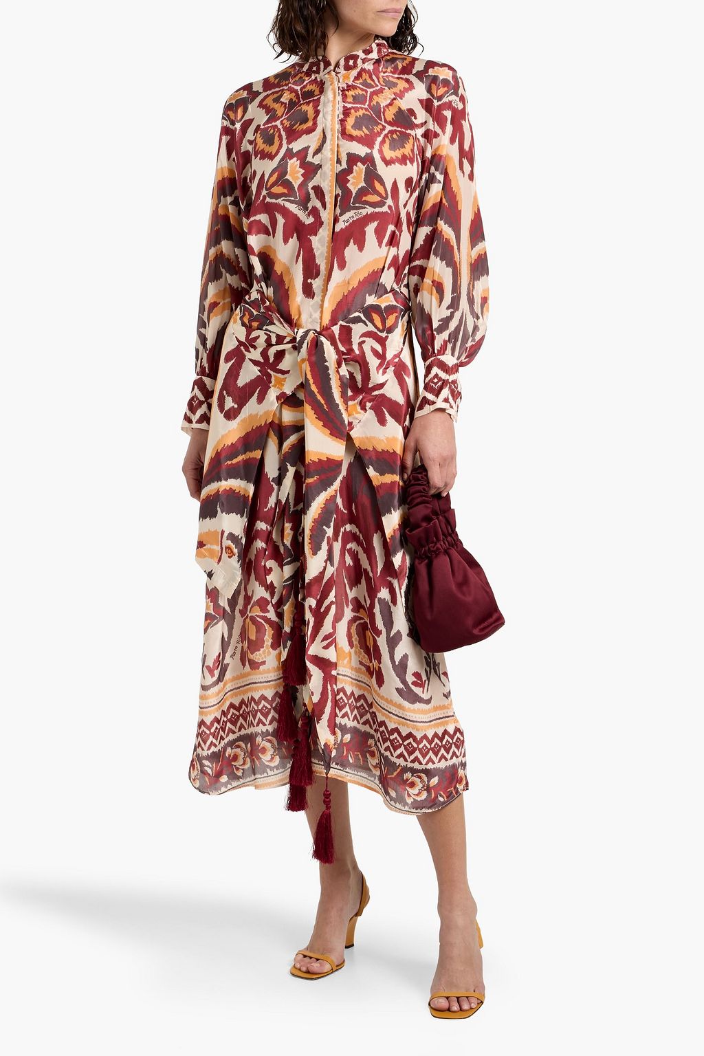 FARM RIO Tie-front printed crepe de chine midi dress