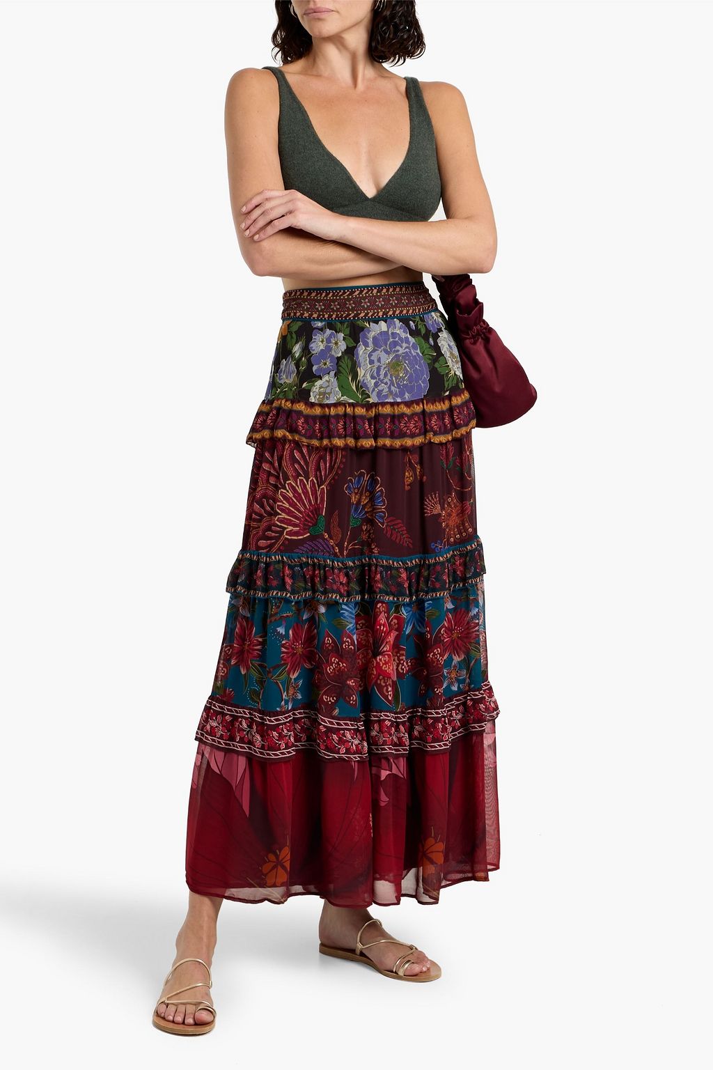 FARM RIO Tiered floral-print georgette maxi skirt