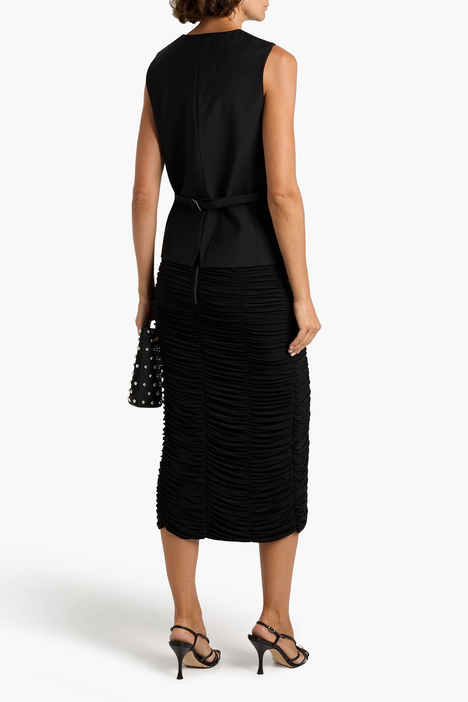 Tibi Ruched Stretch-jersey Midi Skirt In Black