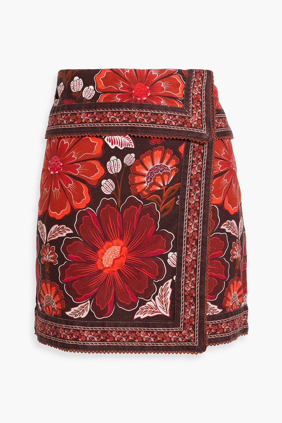 Farm Rio Wrap-effect Floral-print Cotton-twill Mini Skirt In Brown