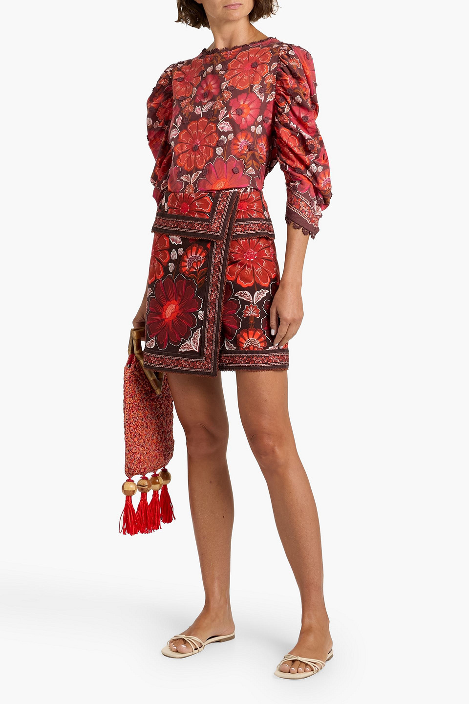 Farm Rio Wrap-effect Floral-print Cotton-twill Mini Skirt In Brown