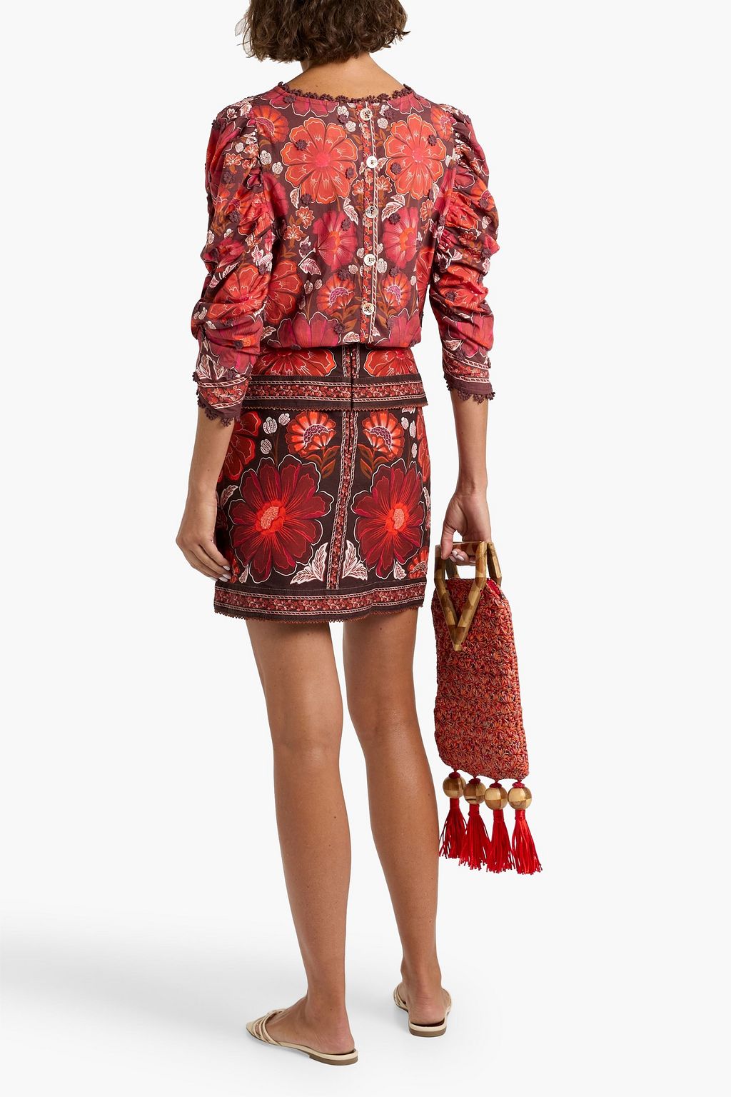FARM RIO Appliquéd floral-print cotton-voile blouse