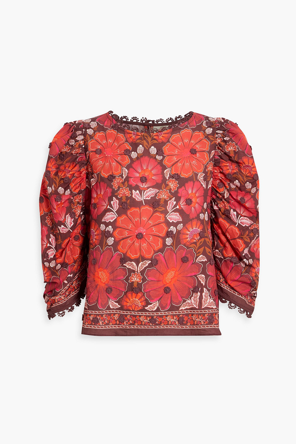 Farm Rio Gigi Tapestry Elbow Sleeve Button Back Top In Brown