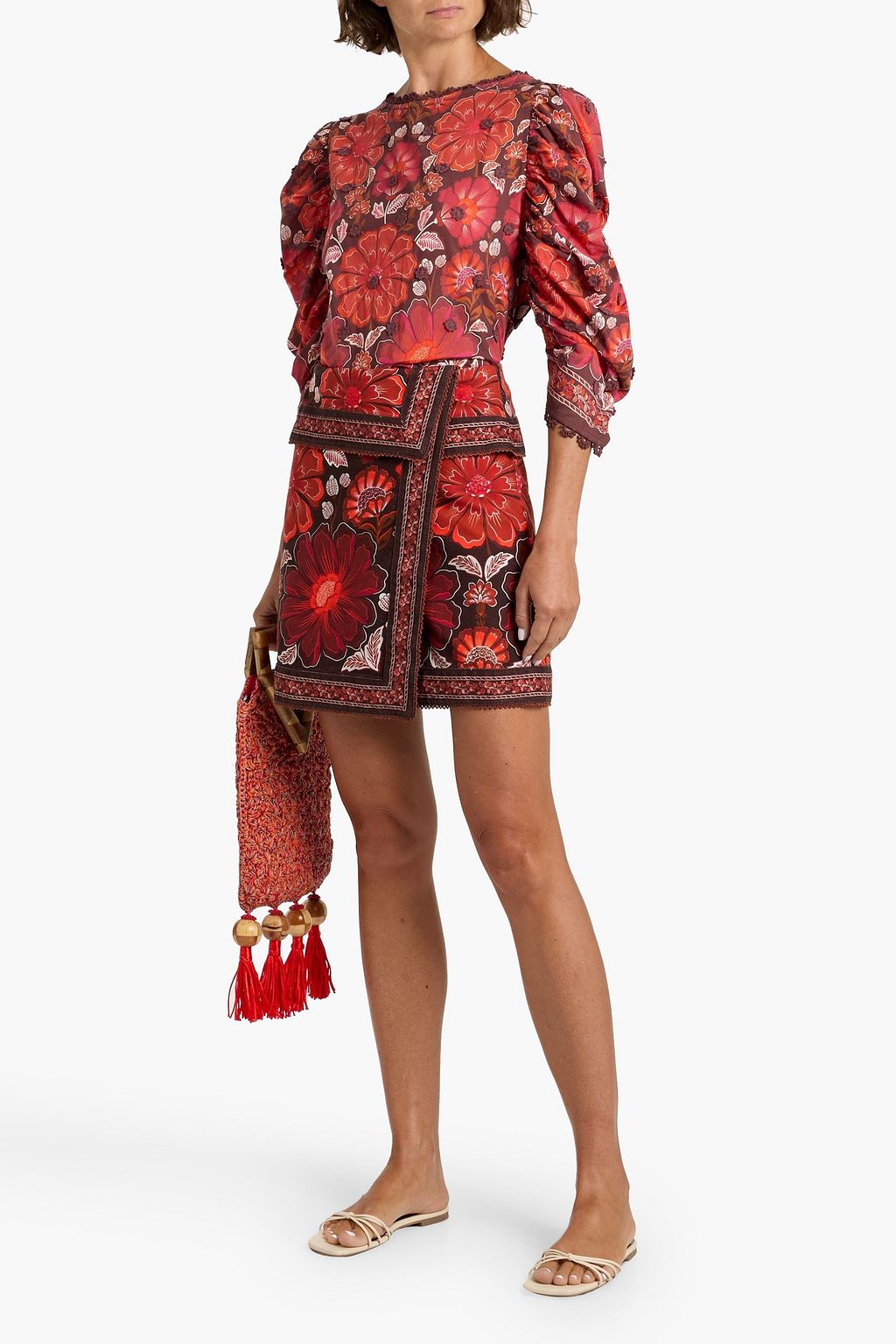 FARM RIO Appliquéd floral-print cotton-voile blouse