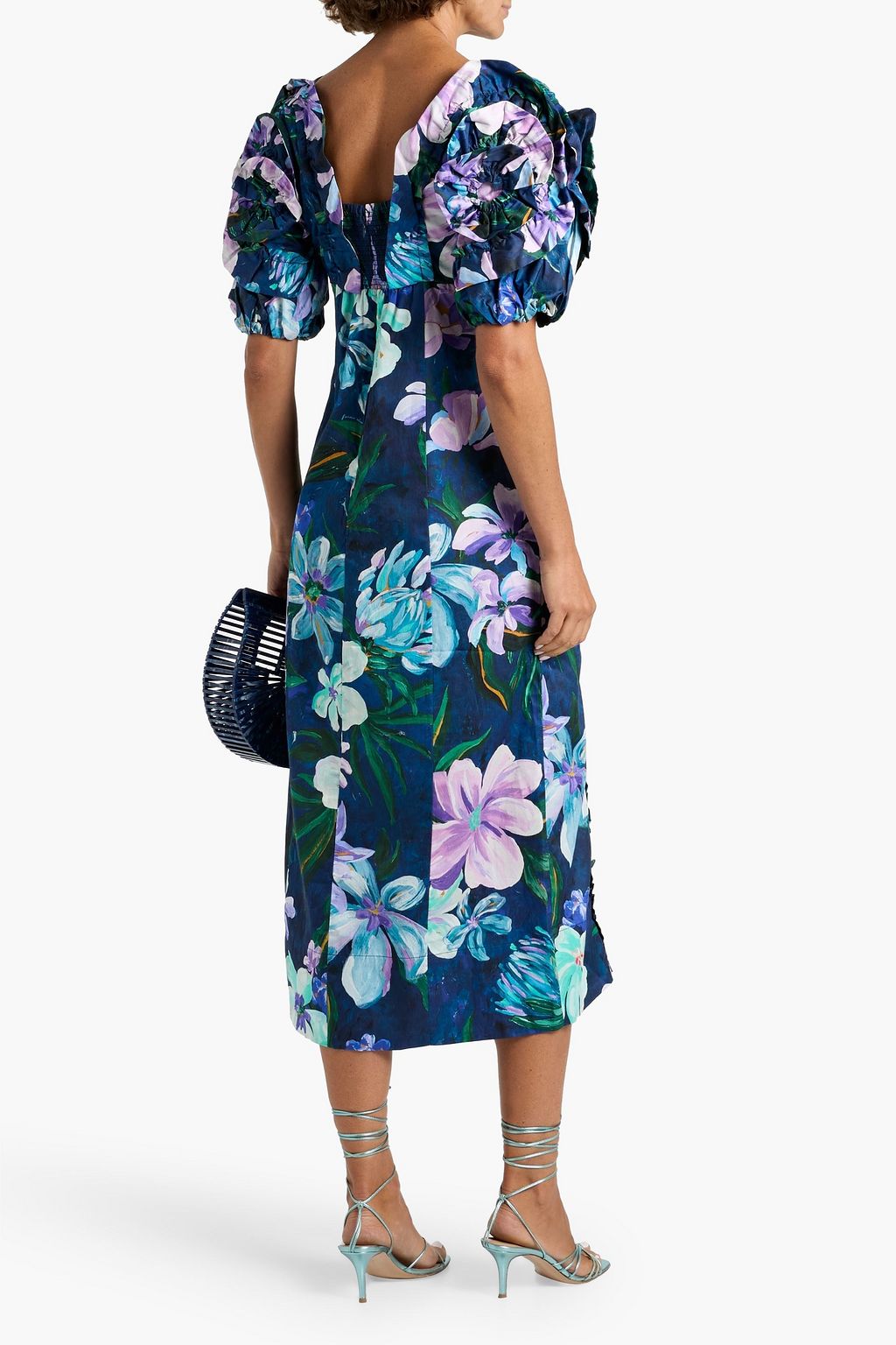 FARM RIO Ruffled floral-print cotton-poplin midi dress