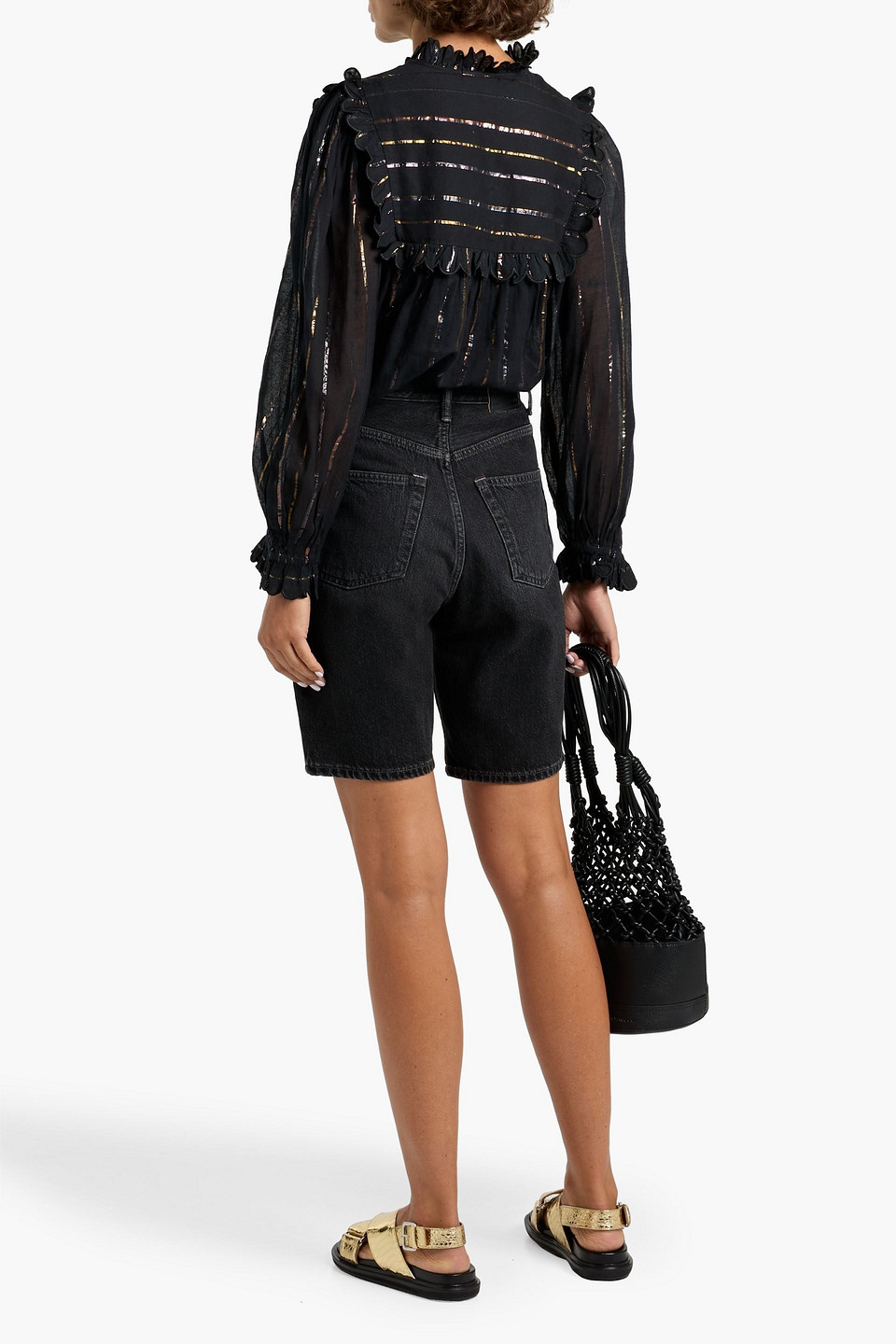 Farm Rio Striped Metallic Fil Coupé Cotton-blend Blouse In Black
