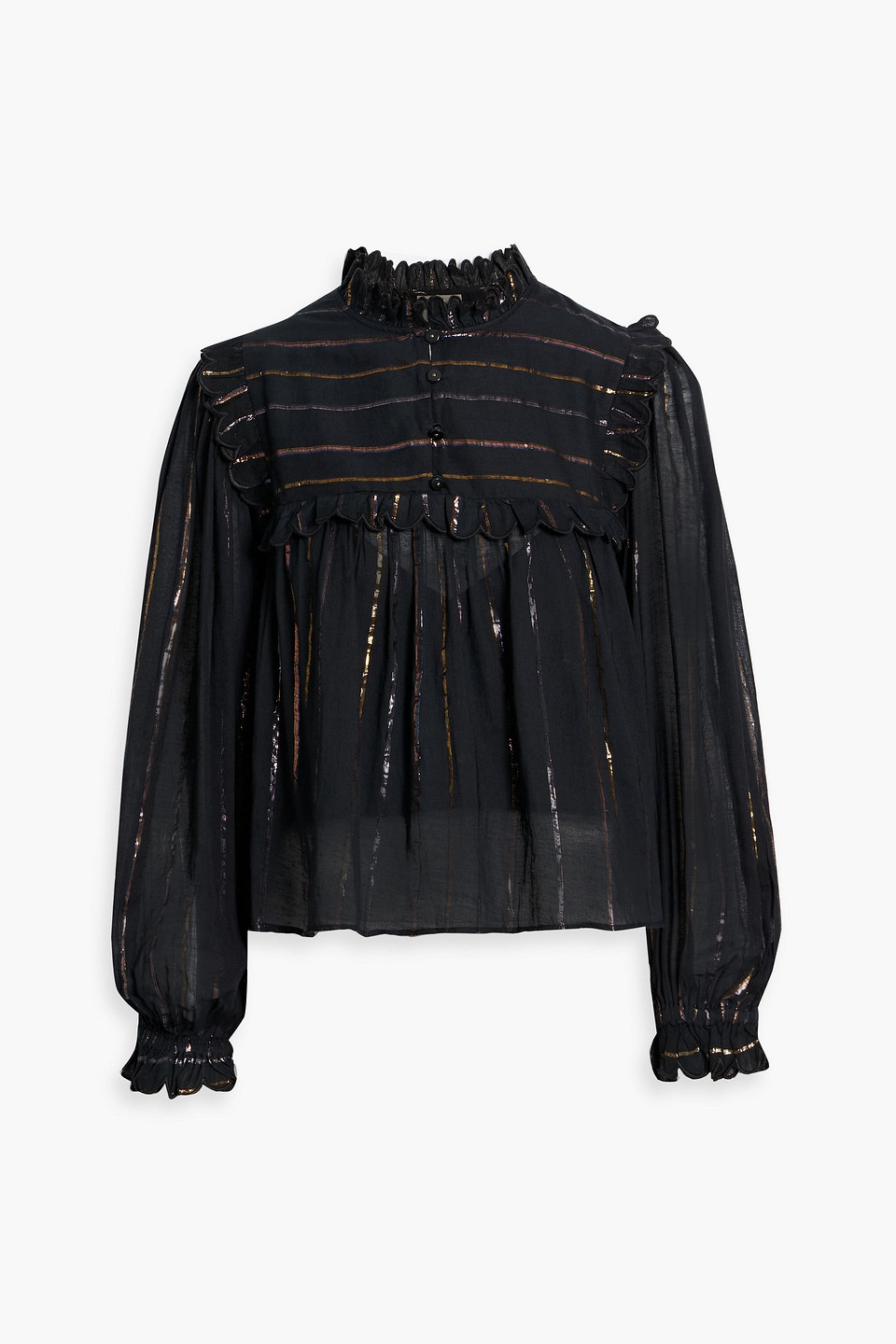 Farm Rio Striped Metallic Fil Coupé Cotton-blend Blouse In Black