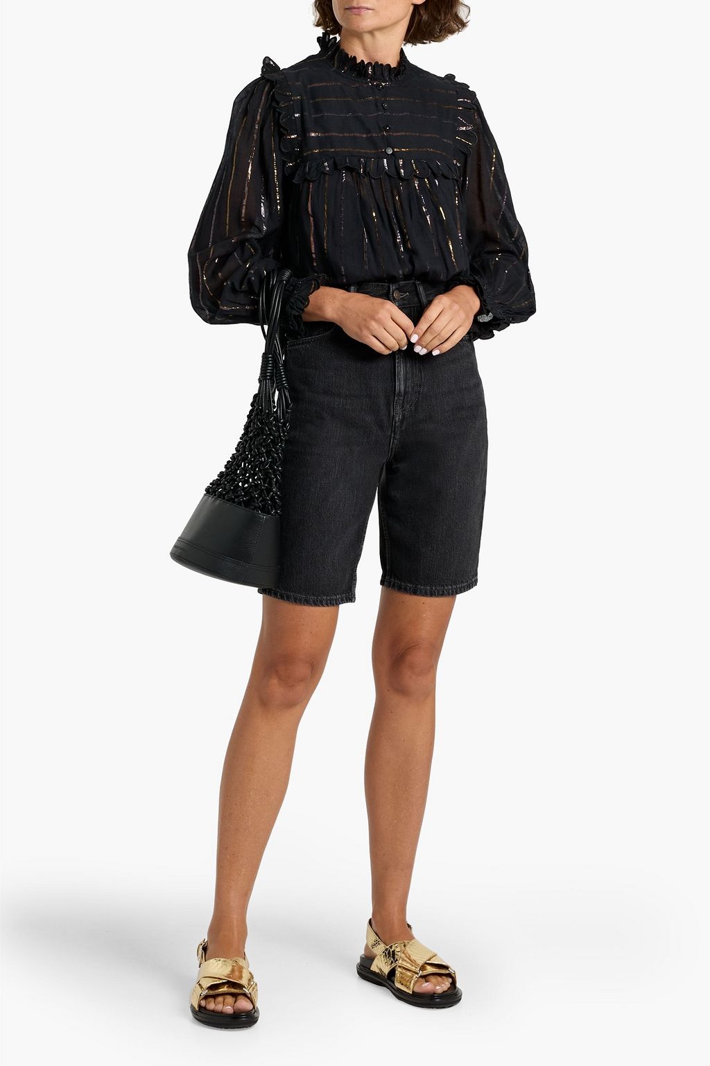 FARM RIO Striped metallic fil coupé cotton-blend blouse