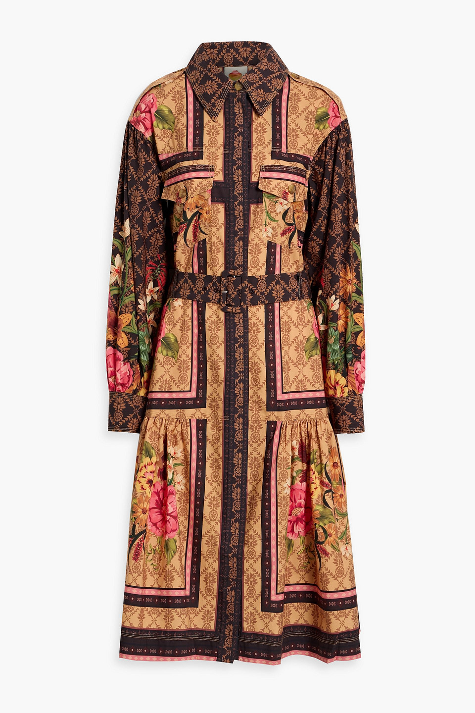Farm Rio Printed Cotton-poplin Midi Shirt Dress In Brown