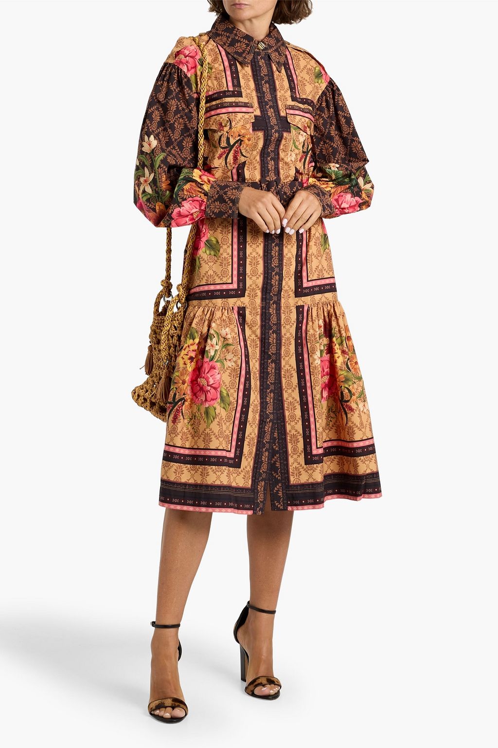 FARM RIO Printed cotton-poplin midi shirt dress
