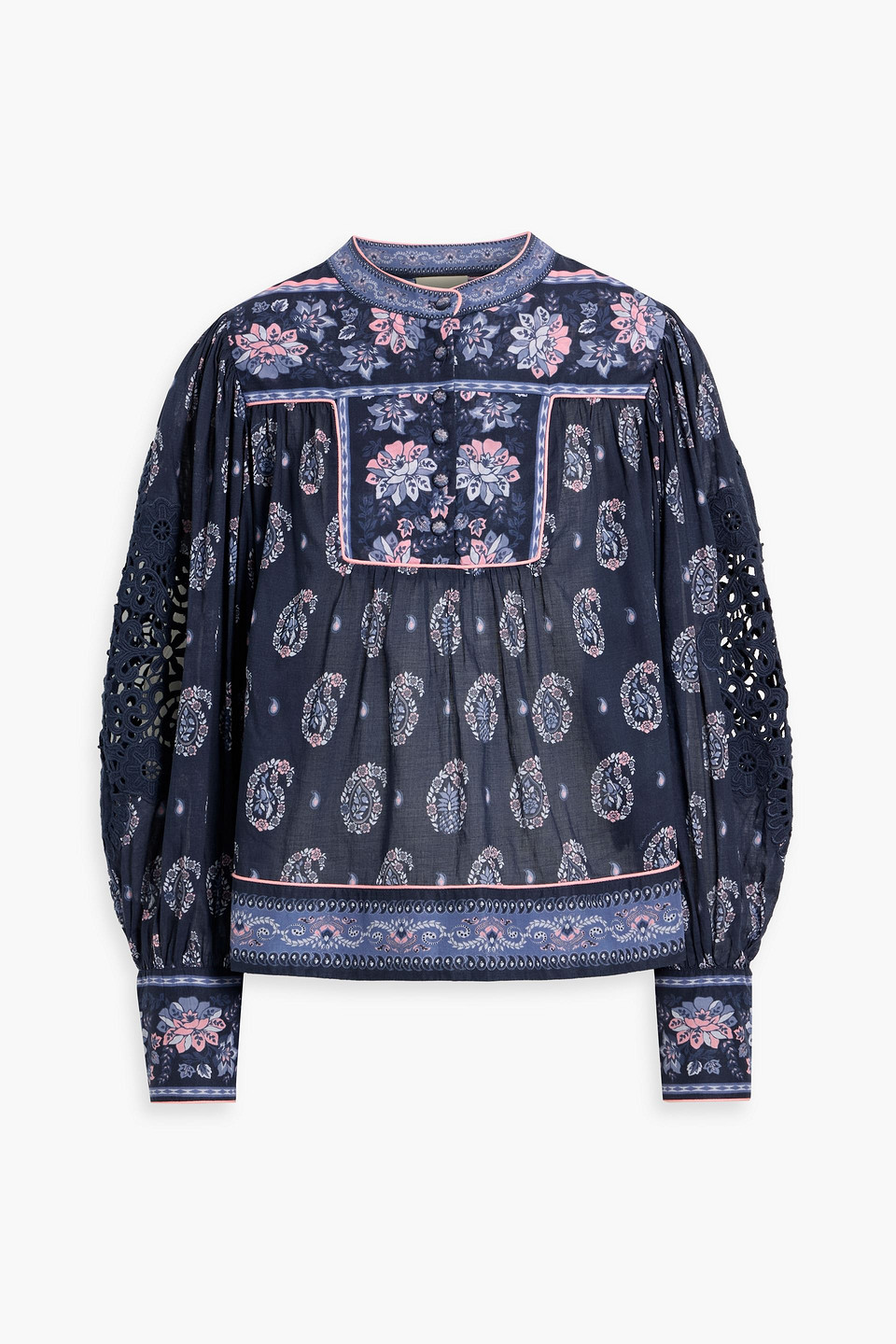 Farm Rio Paisley-print Guipure Lace And Cotton-voile Blouse In Blue