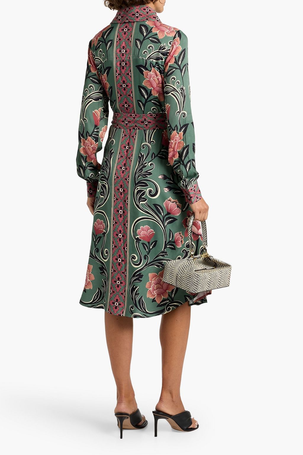 FARM RIO Belted floral-print crepe de chine midi shirt dress