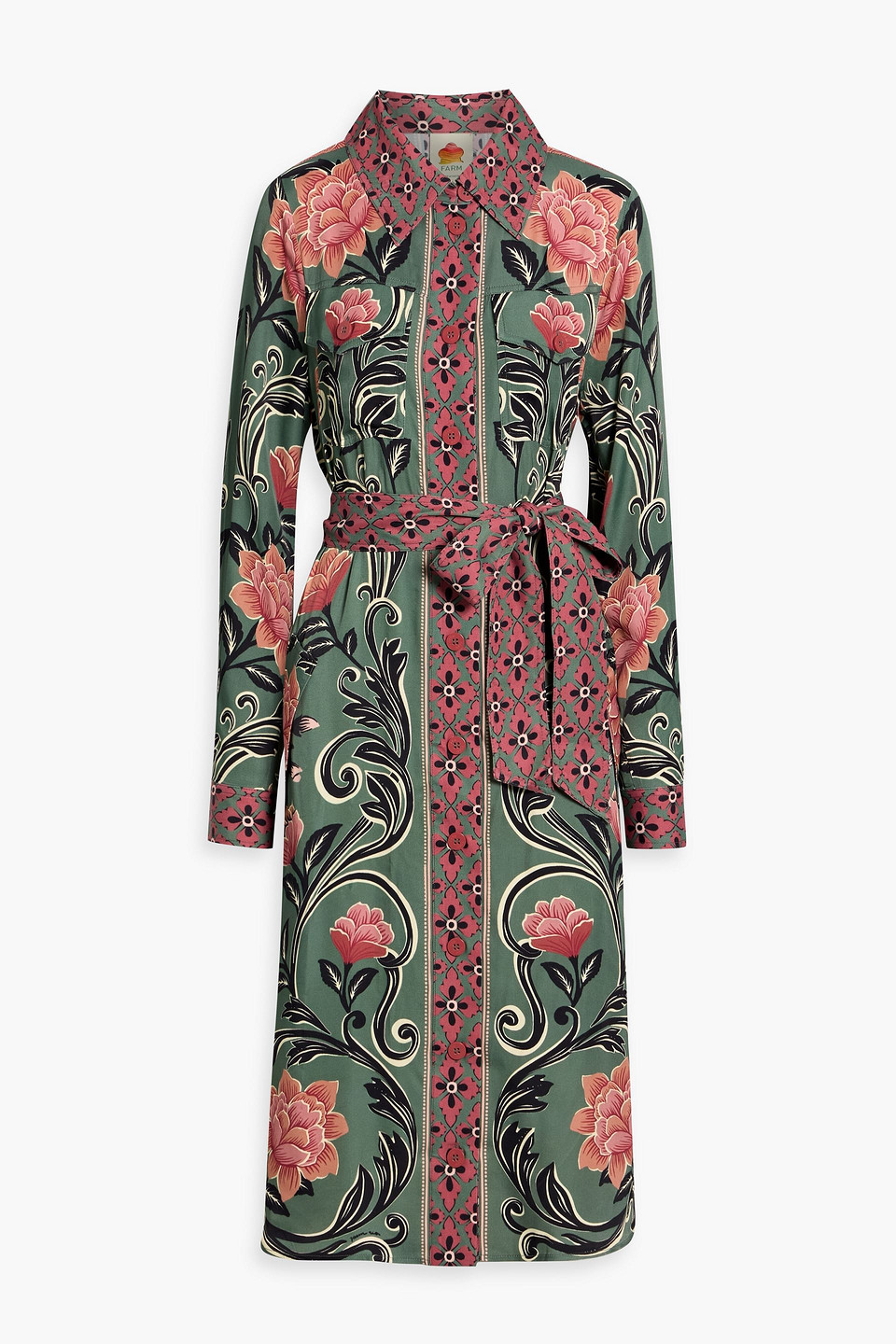 Farm Rio Belted Floral-print Crepe De Chine Midi Shirt Dress In Multi
