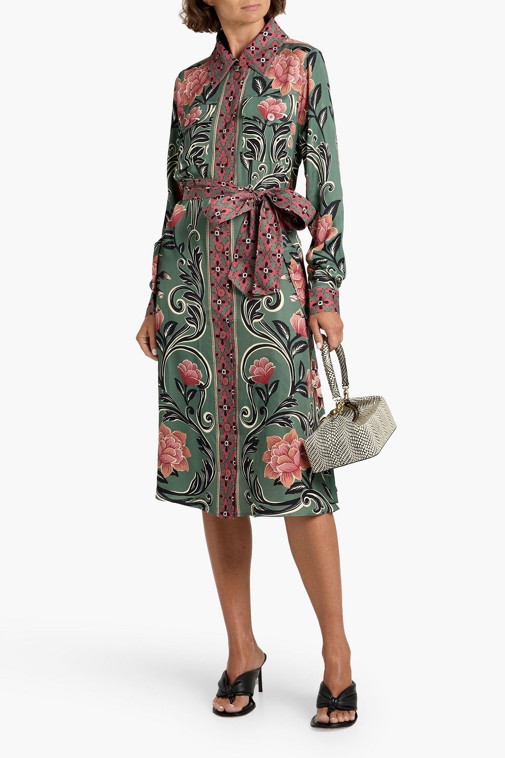 FARM RIO Belted floral-print crepe de chine midi shirt dress