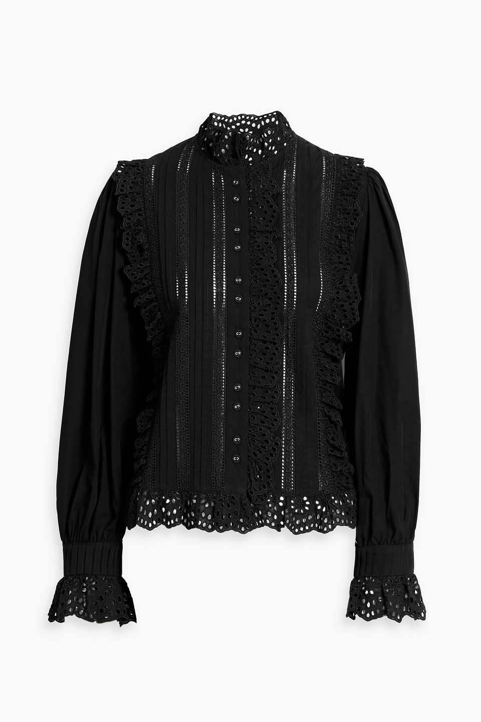 Farm Rio Broderie Anglaise-trimmed Cotton-voile Shirt In Black