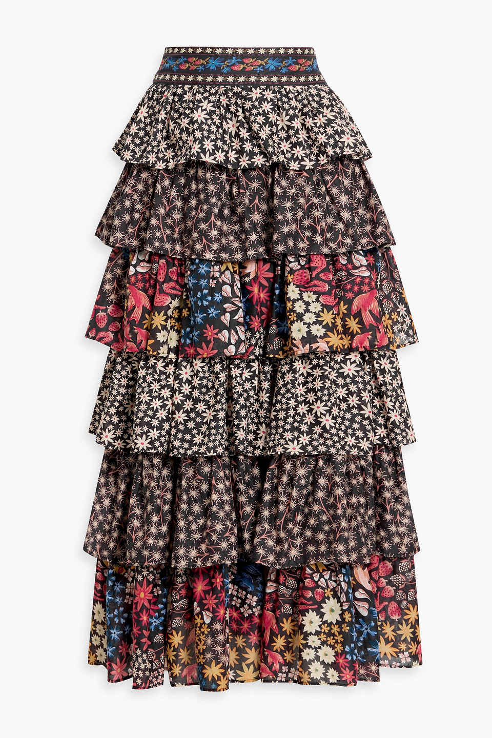 Farm Rio Tiered Printed Cotton-voile Midi Skirt In Black