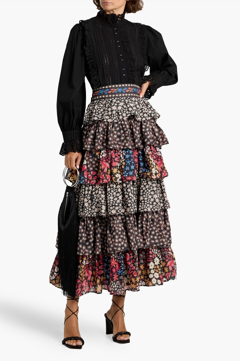 FARM RIO Tiered printed cotton-voile midi skirt
