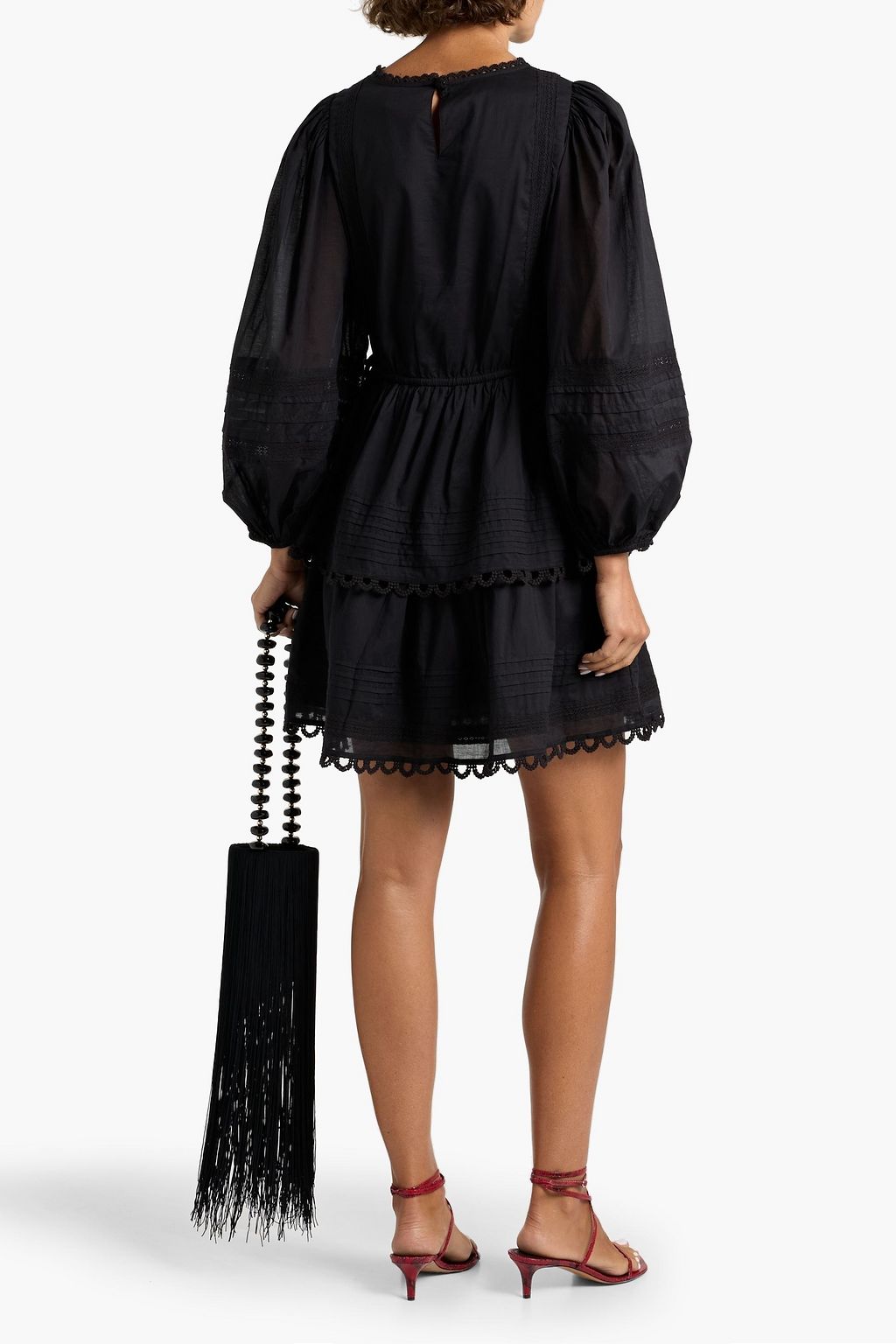 FARM RIO Lace-trimmed pintucked cotton-voile mini dress