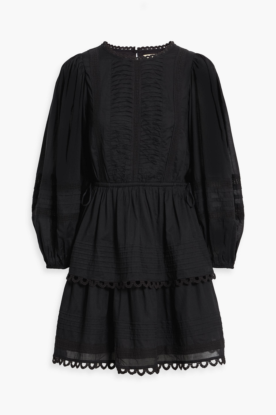 Farm Rio Lace-trimmed Pintucked Cotton-voile Mini Dress In Black
