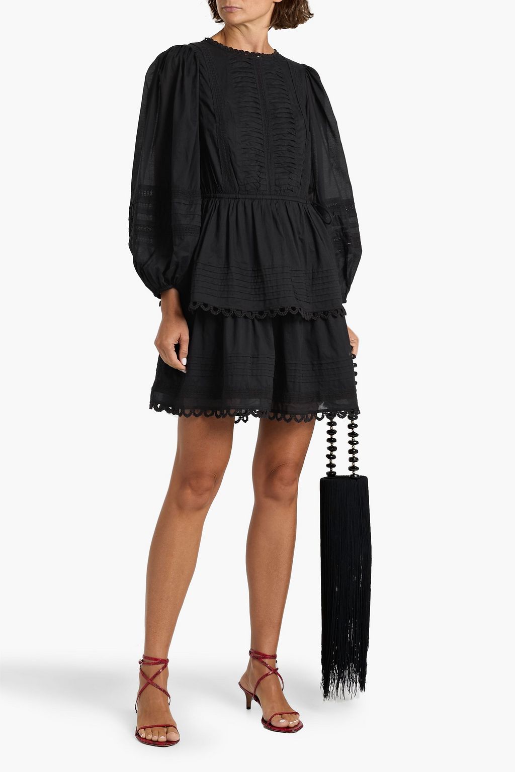 FARM RIO Lace-trimmed pintucked cotton-voile mini dress