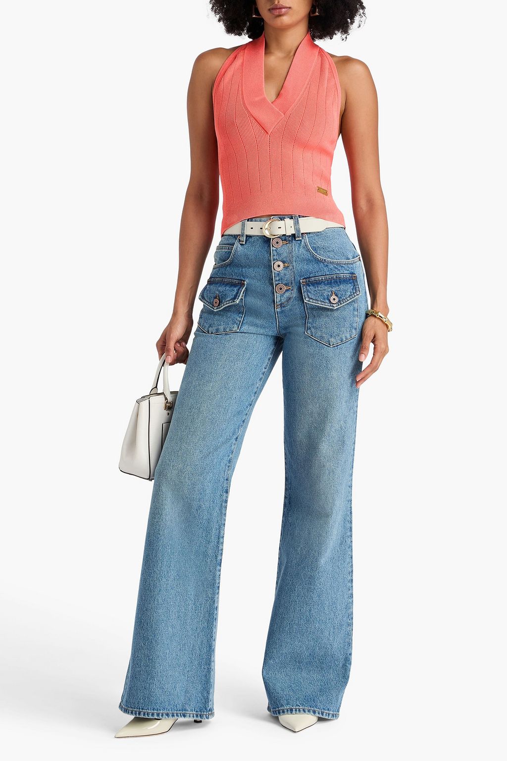 BALMAIN بلوزة قصيرة بياقة هالتر الدائرية بحبكة بتصميم مضلّع