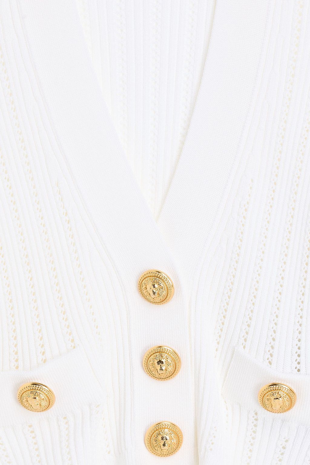BALMAIN Cropped button-embellished ribbed pointelle-knit cardigan