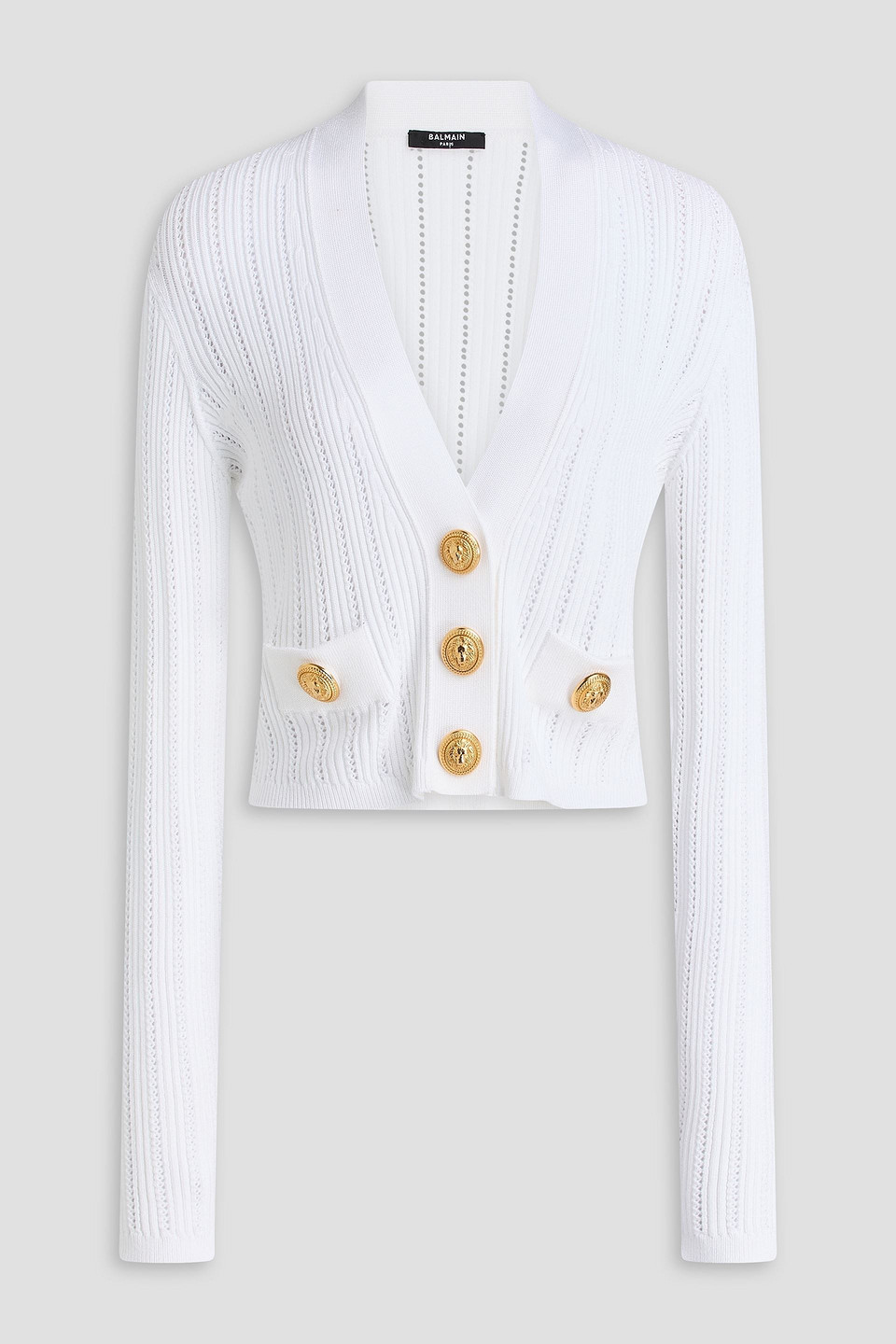 Balmain Cropped Button-embellished Ribbed Pointelle-knit Cardigan In White