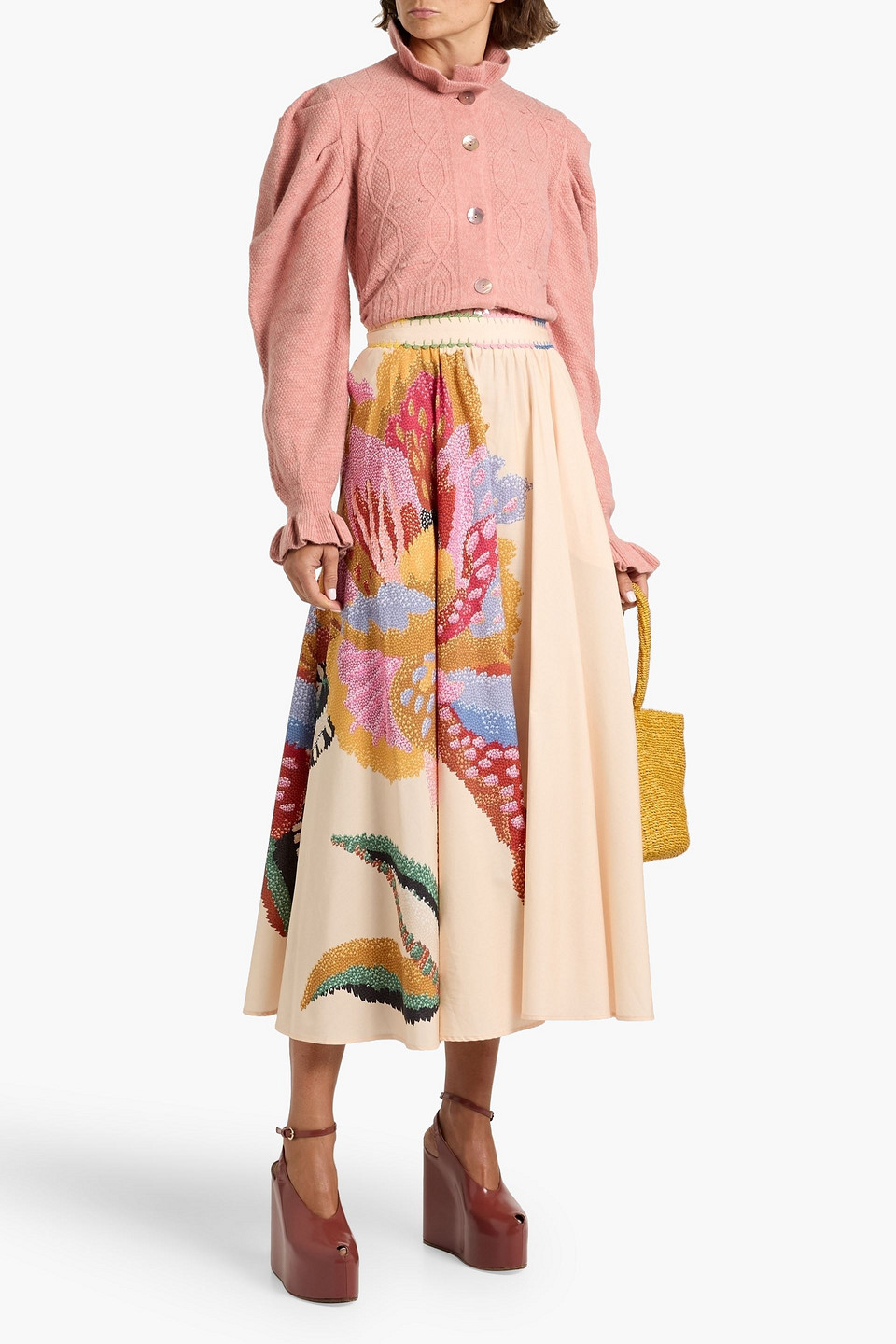Farm Rio Ruffled Cable-knit Cardigan In Pink