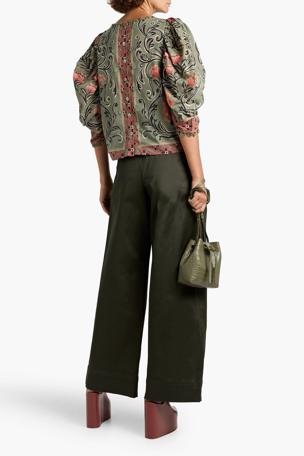 FARM RIO Appliquéd floral-print cotton-voile blouse