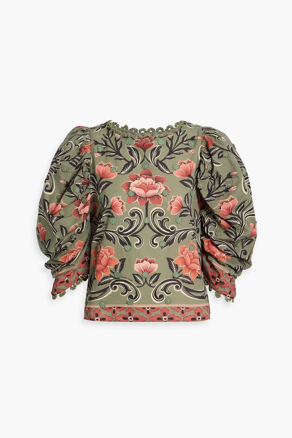 Farm Rio Appliquéd Floral-print Cotton-voile Blouse In Green