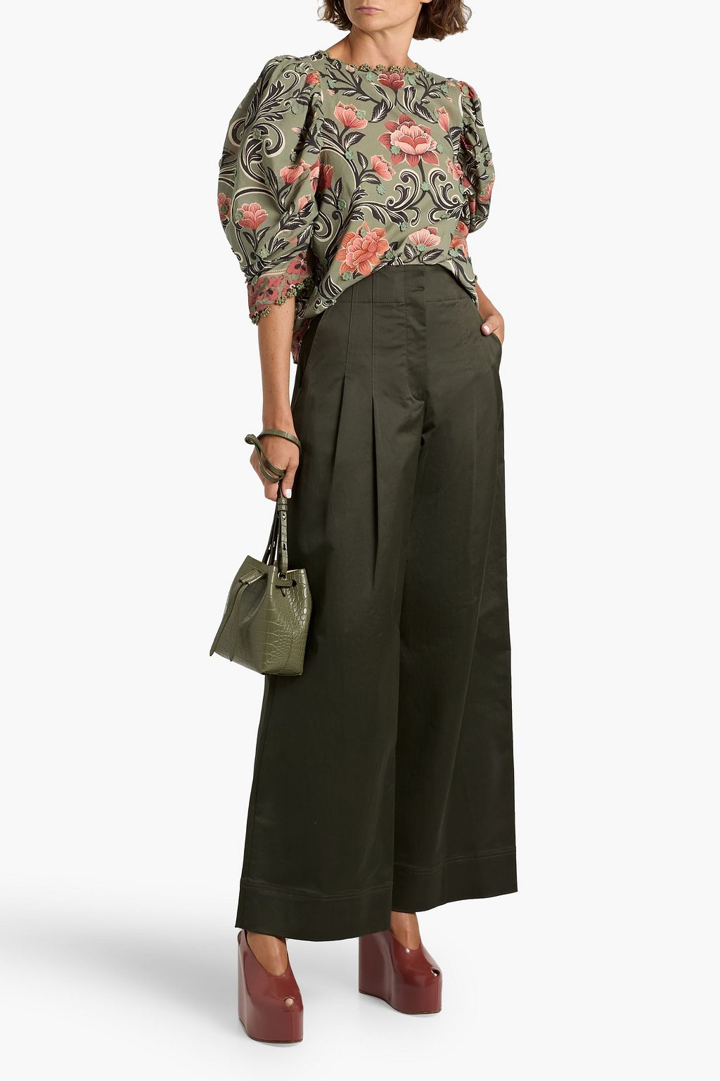 FARM RIO Appliquéd floral-print cotton-voile blouse