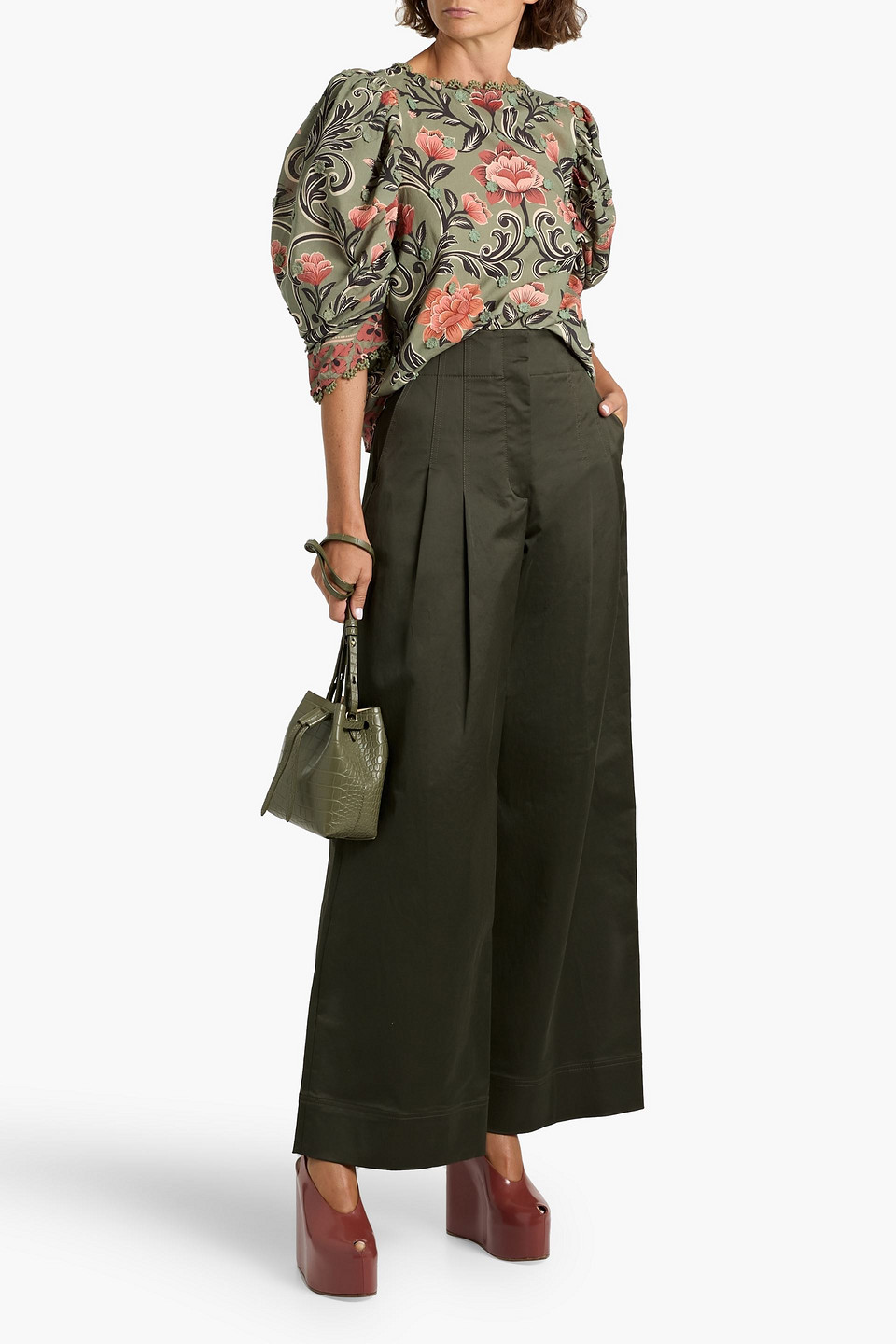 Farm Rio Appliquéd Floral-print Cotton-voile Blouse In Green