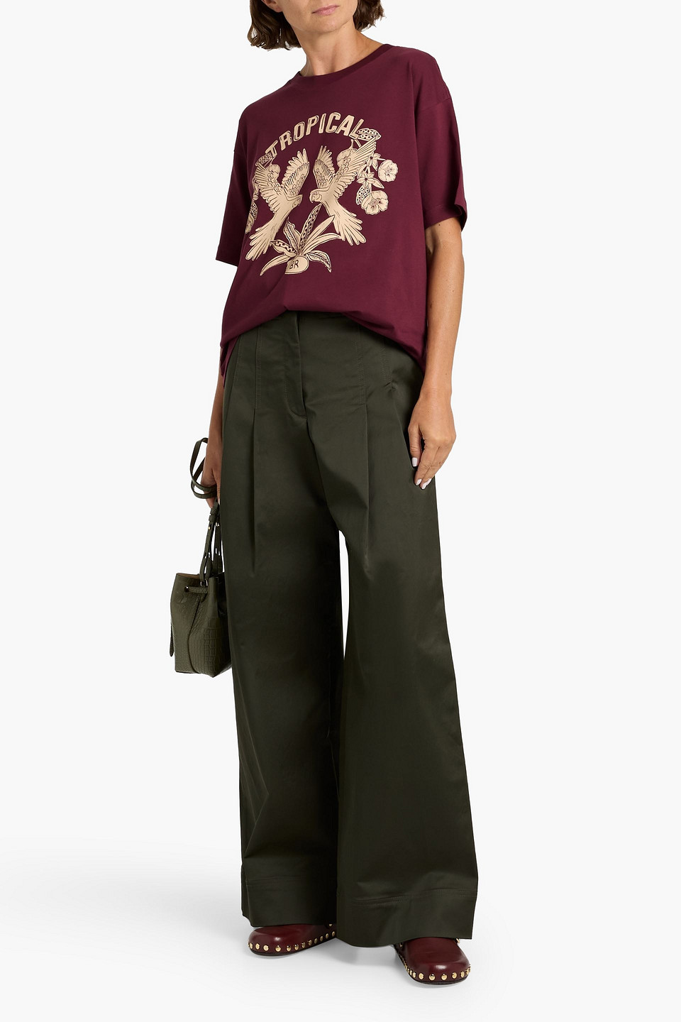 Farm Rio Printed Cotton-jersey T-shirt In Burgundy