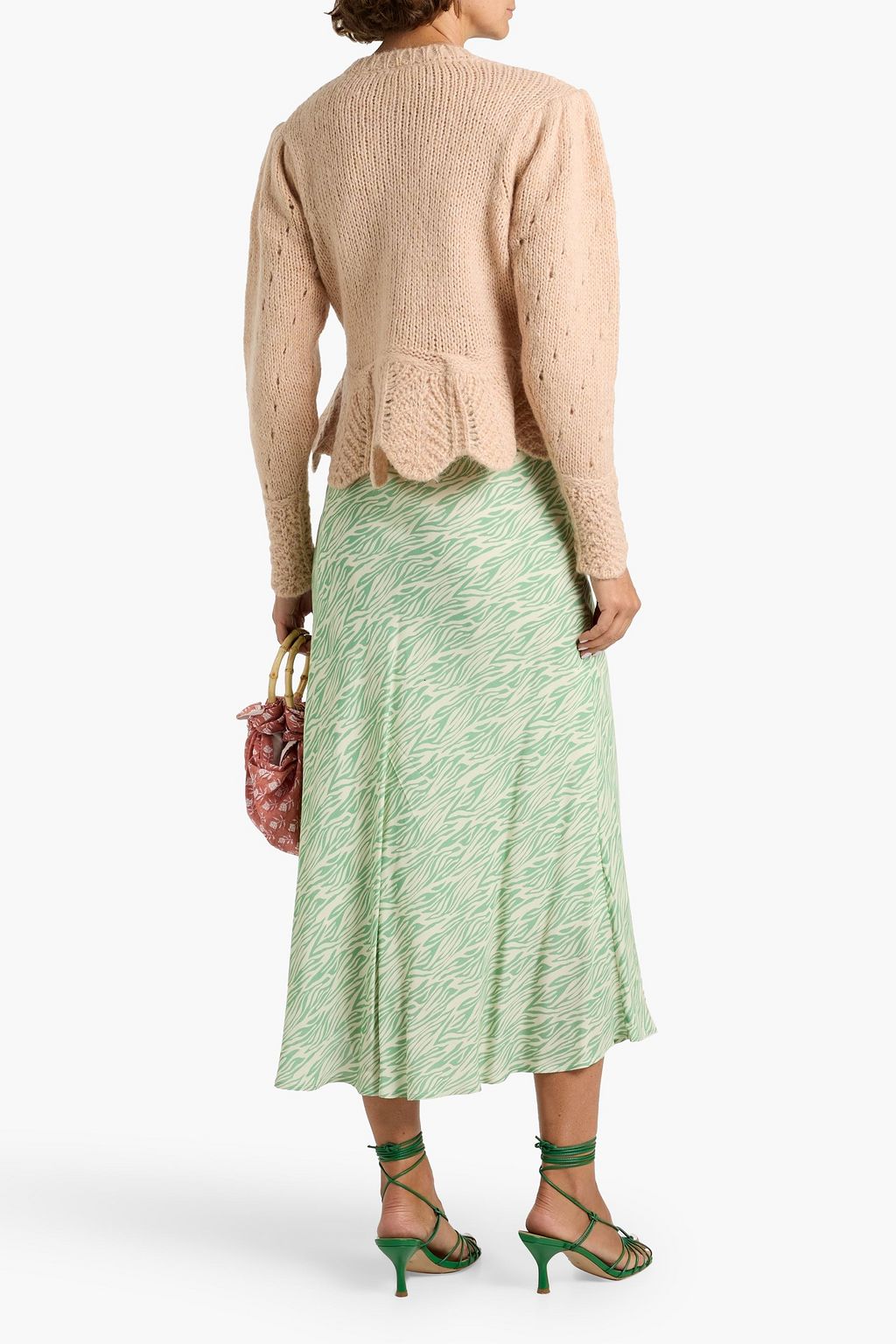 FARM RIO Ruffled pointelle and cable-knit cardigan