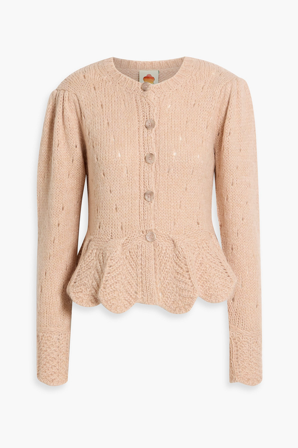 Farm Rio Ruffled Pointelle And Cable-knit Cardigan In Neutral