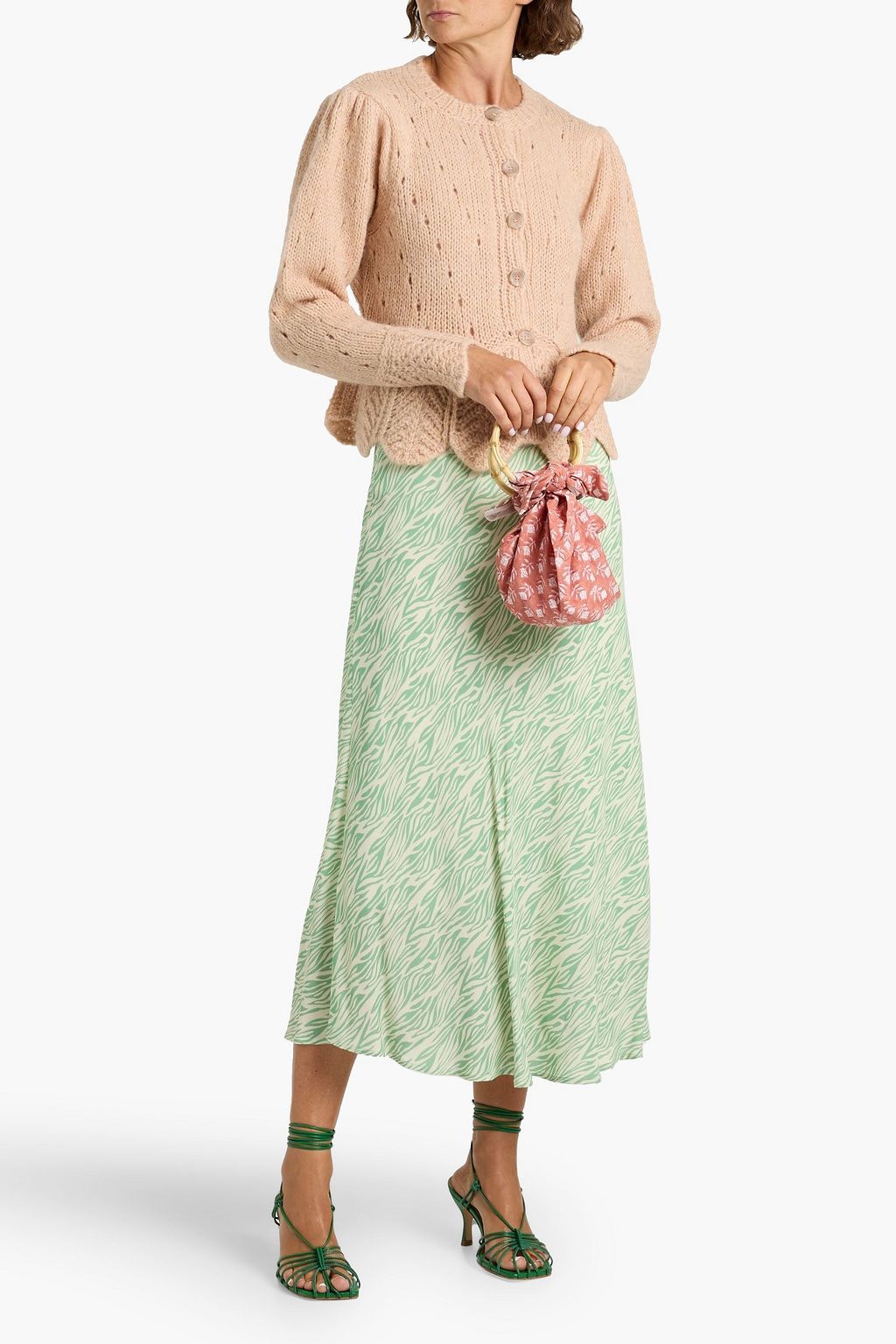 FARM RIO Ruffled pointelle and cable-knit cardigan
