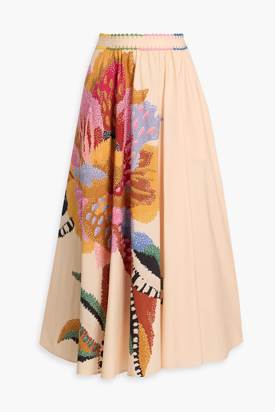 Farm Rio Floral Print Cotton-poplin Midi Skirt In Orange