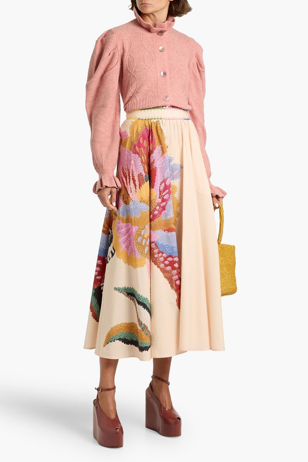 FARM RIO Floral print cotton-poplin midi skirt