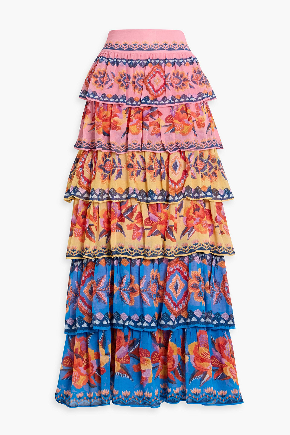 Farm Rio Ruffled Printed Georgette Maxi Skirt In Multi