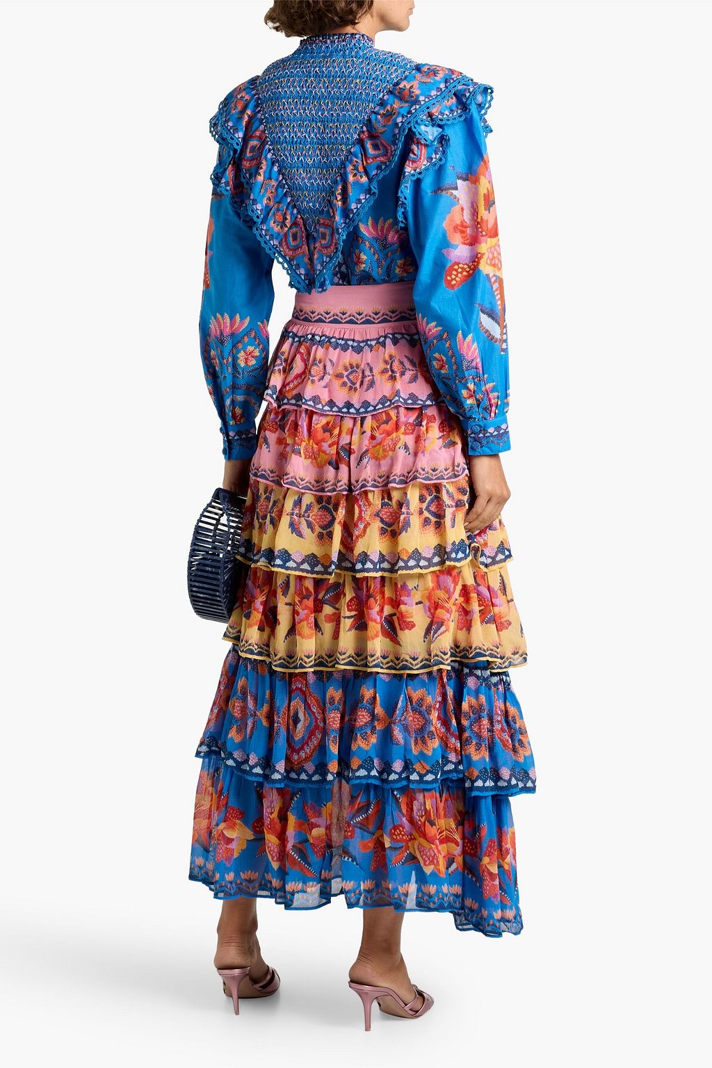 FARM RIO Ruffled smocked printed cotton-voile blouse