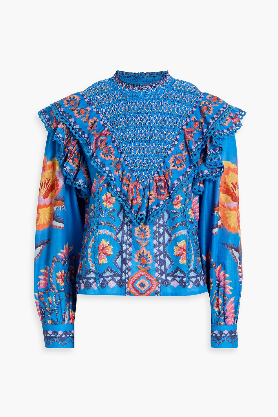 farm rio - ruffled smocked printed cotton-voile blouse - blue - xxs