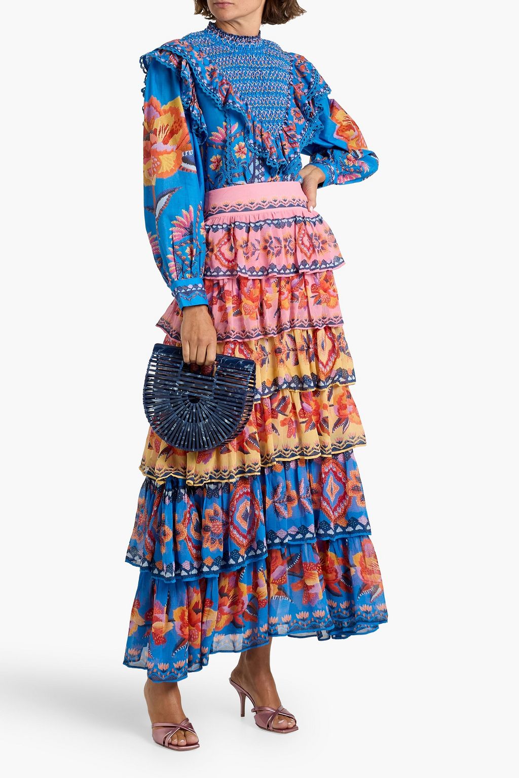 FARM RIO Ruffled smocked printed cotton-voile blouse