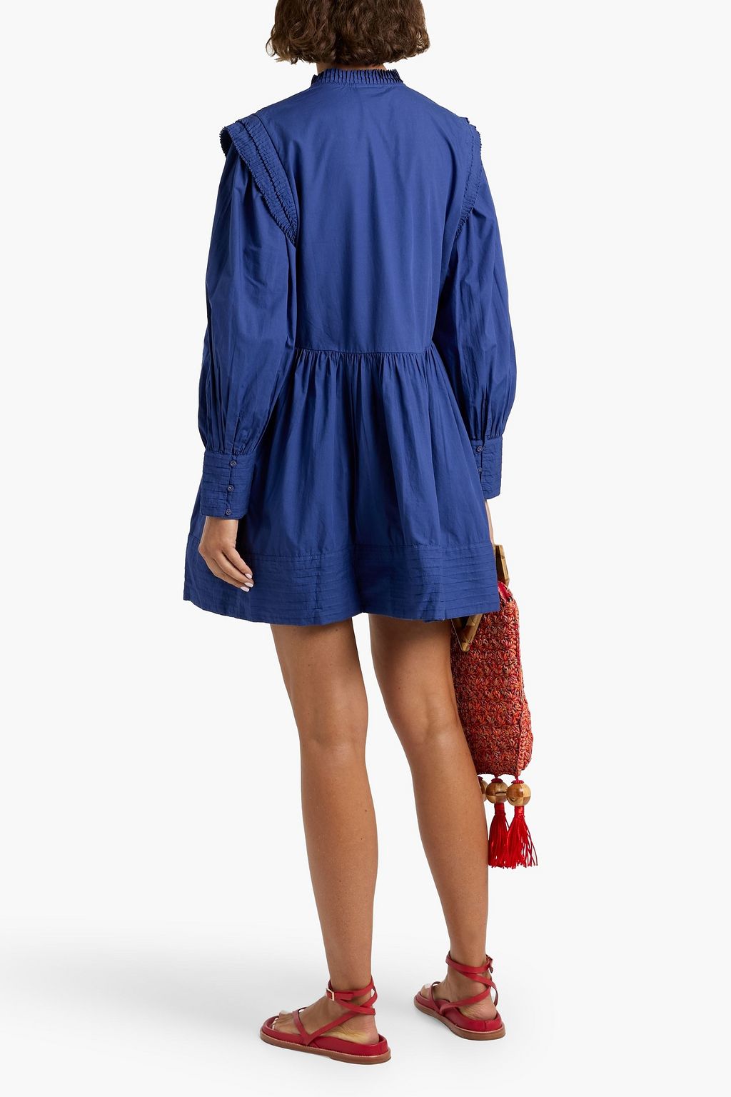 FARM RIO Tie-front pintucked cotton-poplin mini dress