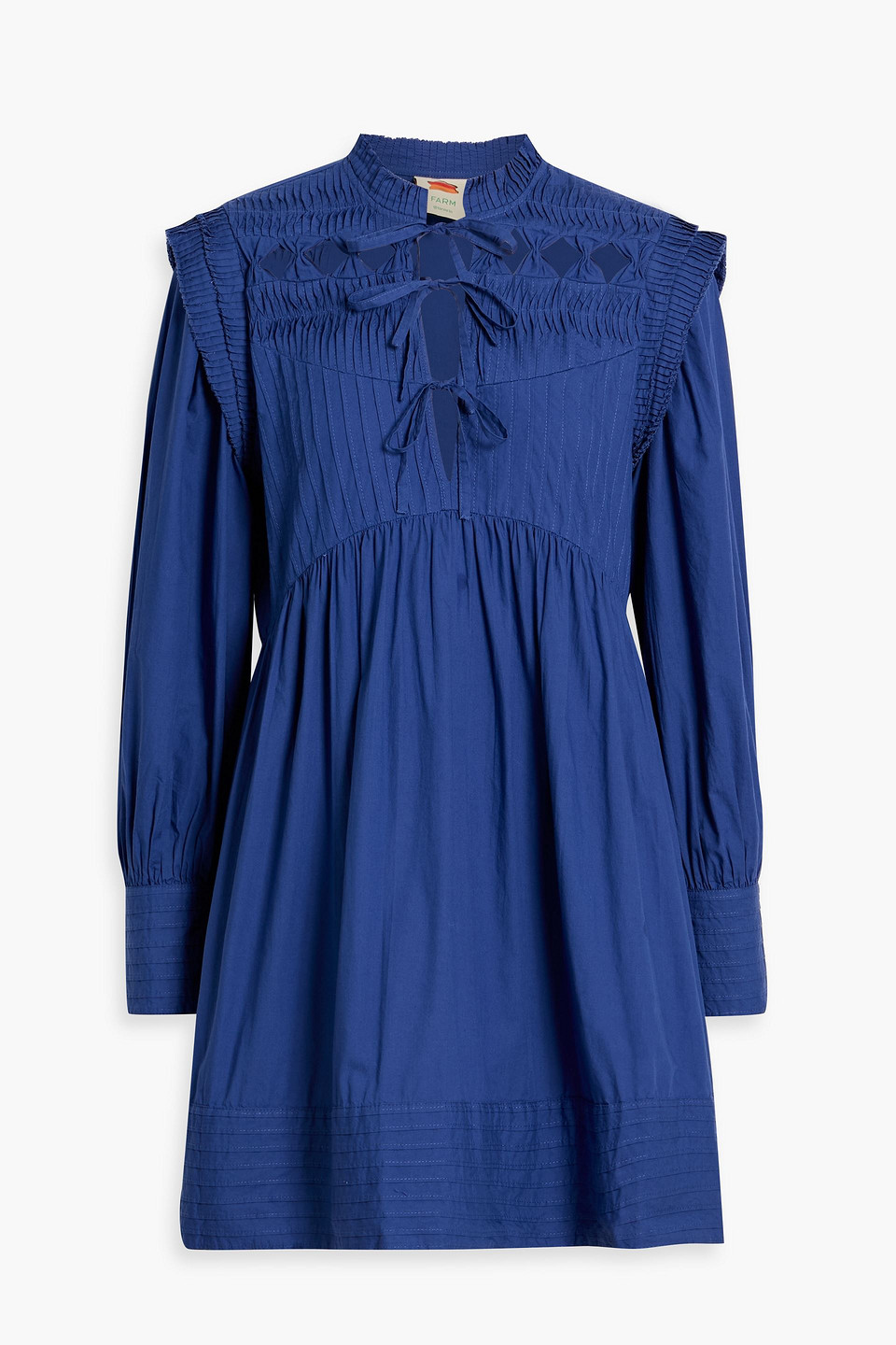 Farm Rio Tie-front Pintucked Cotton-poplin Mini Dress In Blue