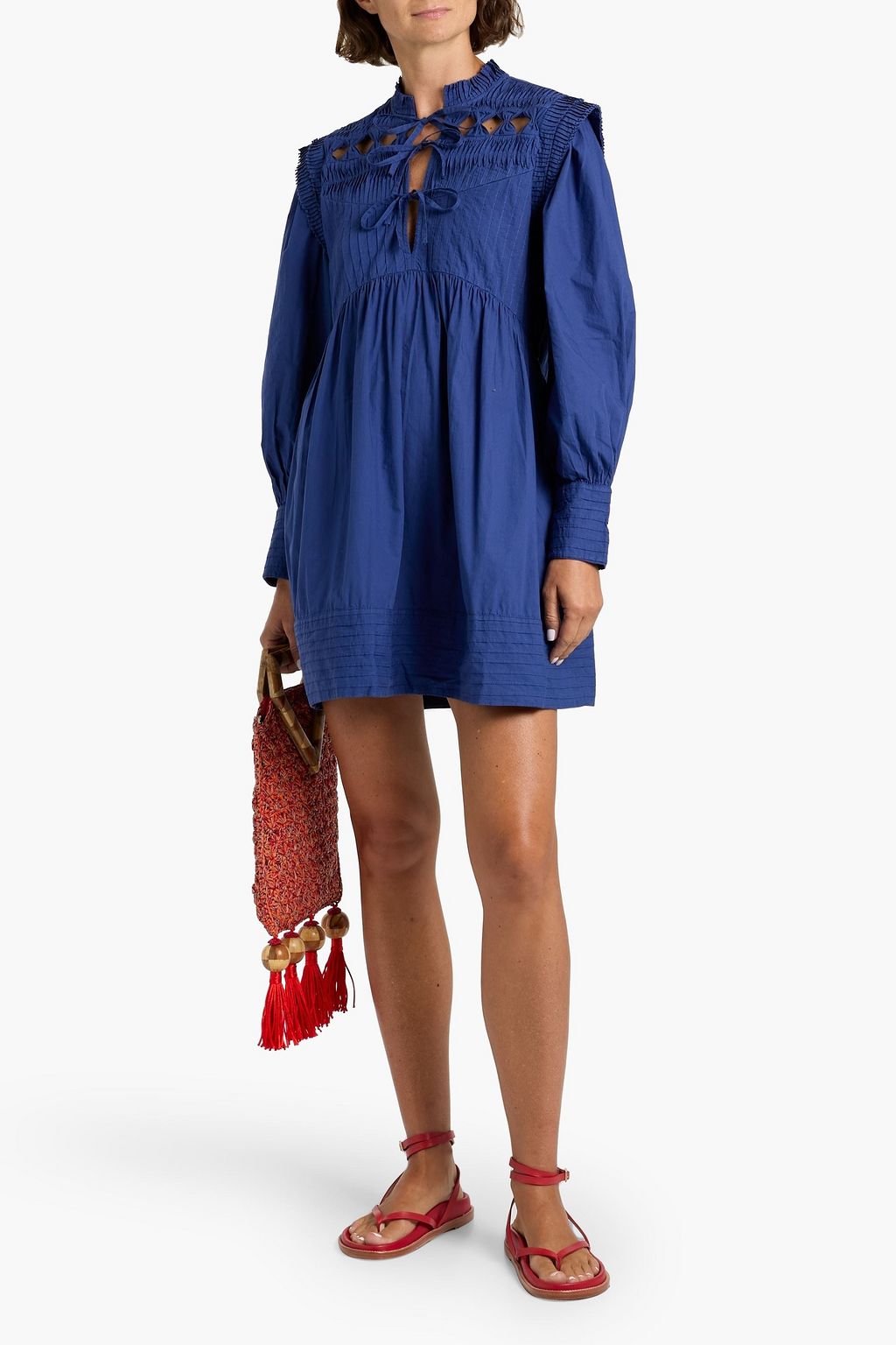FARM RIO Tie-front pintucked cotton-poplin mini dress