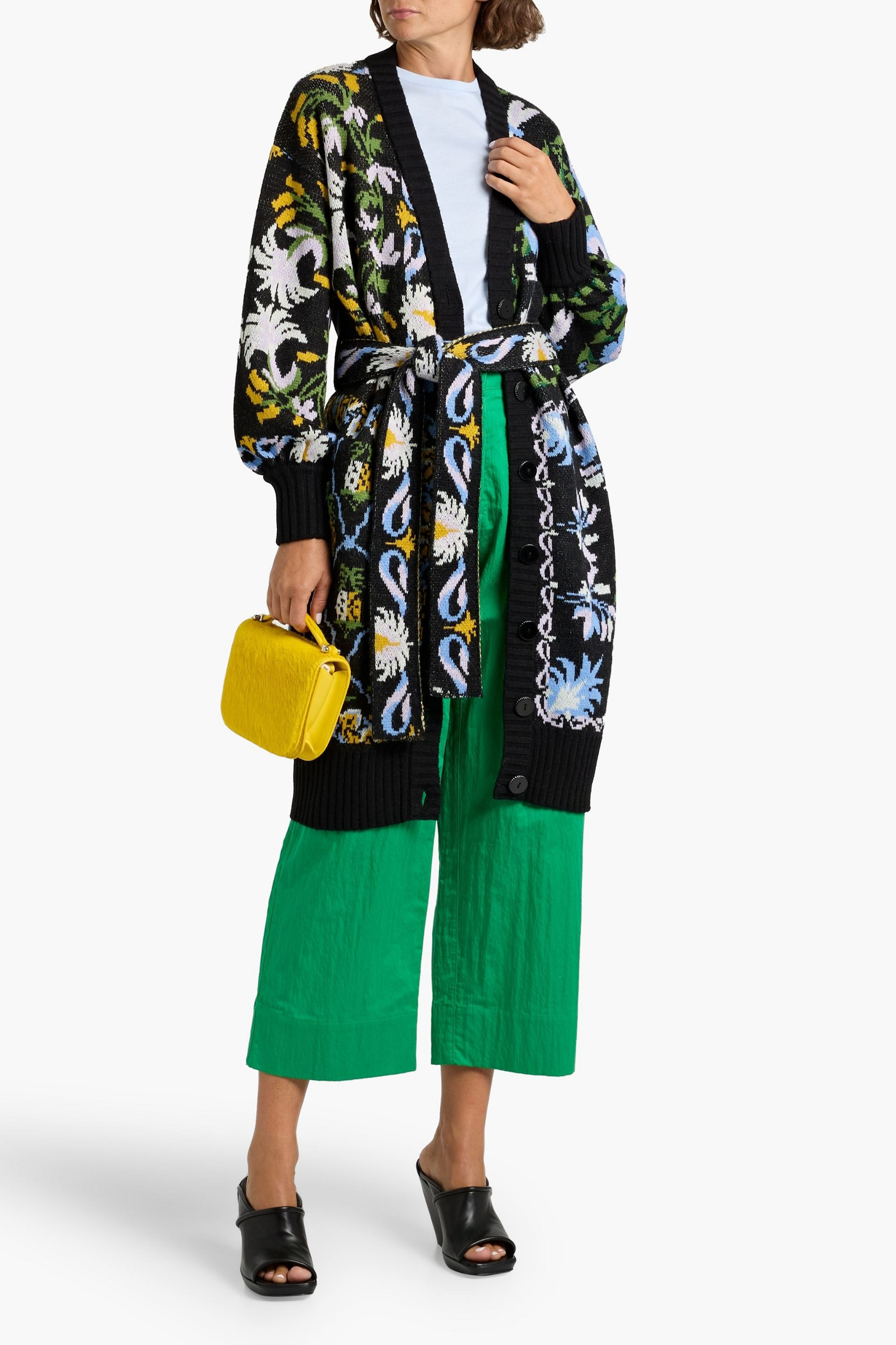 FARM Rio Belted jacquard-knit cardigan